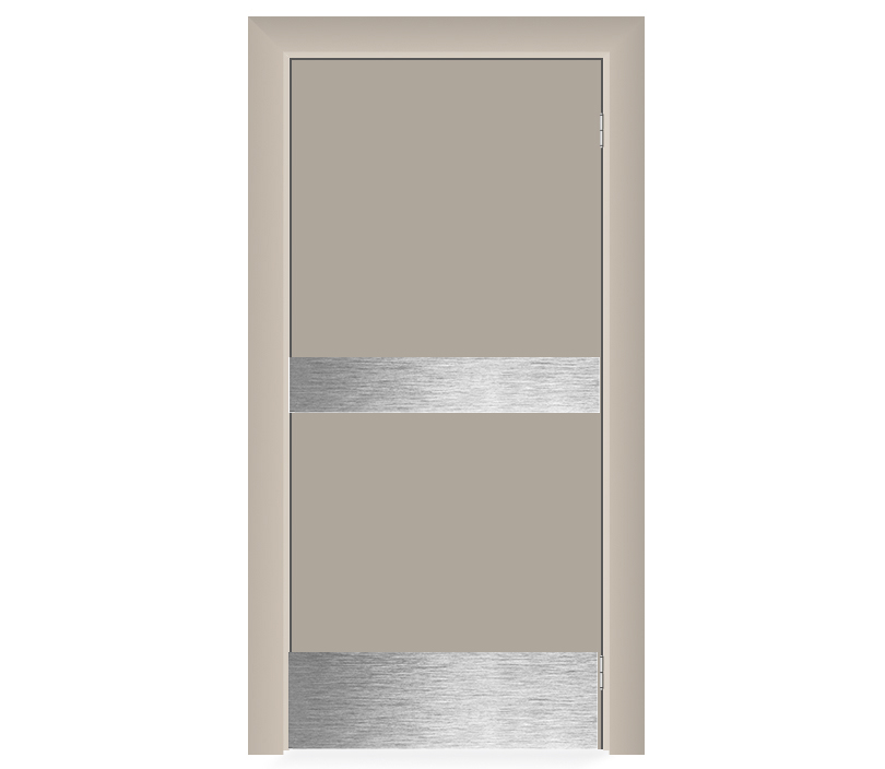 Влагостойкая дверь ПВХ EtaDoor глухая бежевая маятниковая одностворчатая с отбойной пластиной