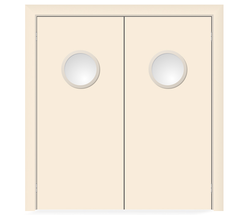 Влагостойкая дверь ПВХ EtaDoor с иллюминатором кремовая маятниковая двухстворчатая с алюминиевой кромкой