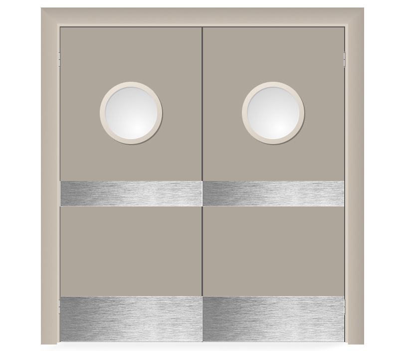 Влагостойкая дверь ПВХ EtaDoor с иллюминатором бежевая маятниковая двухстворчатая с отбойной пластиной