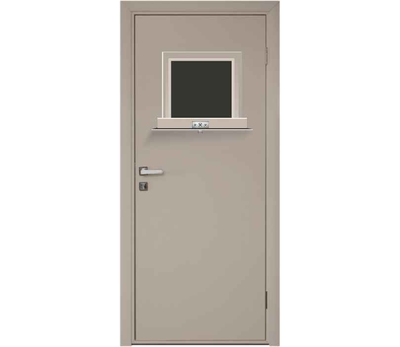 Влагостойкая дверь ПВХ EtaDoor с передаточным окном бежевая одностворчатая с ПВХ кромкой