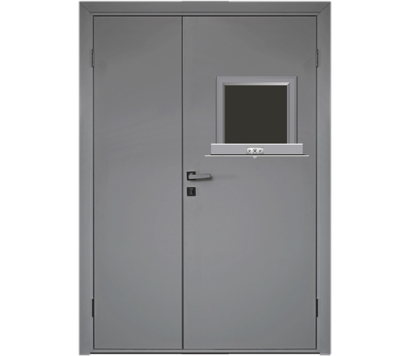 Влагостойкая дверь ПВХ EtaDoor с передаточным окном серая полуторастворчатая с алюминиевой кромкой