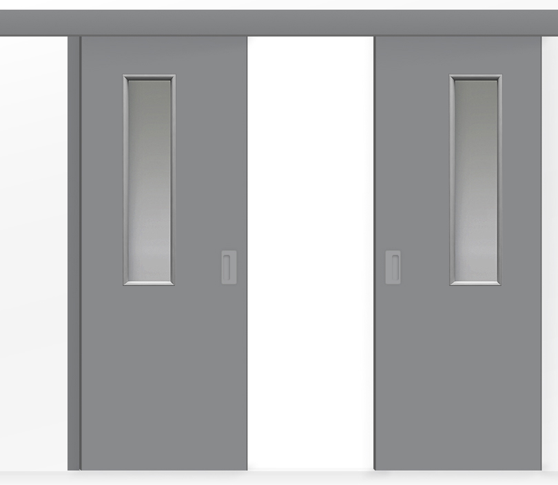 Межкомнатная двустворчатая дверь купе ПВХ с окном серая