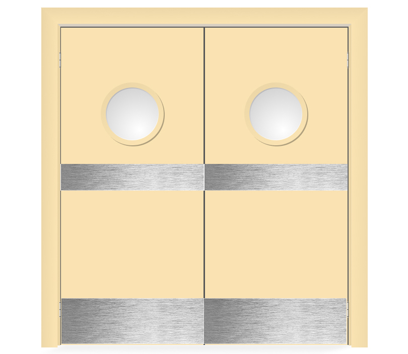 Влагостойкая дверь ПВХ EtaDoor с иллюминатором ванильная маятниковая двухстворчатая с отбойной пластиной