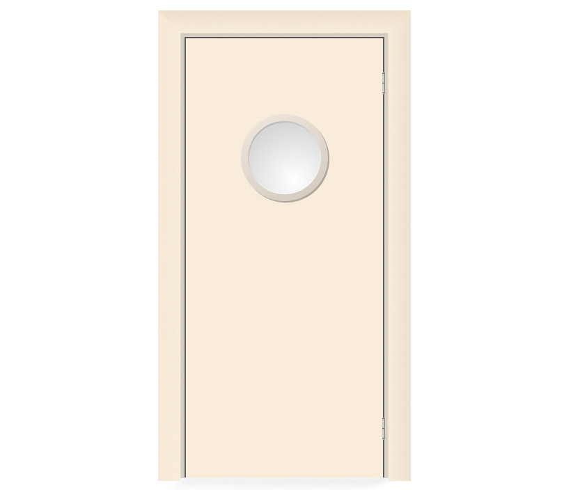 Влагостойкая дверь ПВХ EtaDoor с иллюминатором кремовая маятниковая одностворчатая с ПВХ кромкой