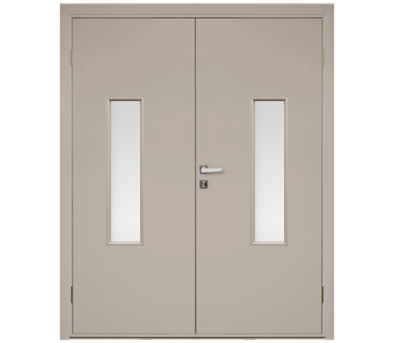 Влагостойкая дверь ПВХ EtaDoor с окном бежевая двухстворчатая с алюминиевой кромкой