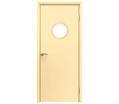 Влагостойкая дверь ПВХ EtaDoor с иллюминатором ванильная одностворчатая с ПВХ кромкой
