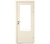 Влагостойкая дверь ПВХ EtaDoor с окном кремовая одностворчатая с ПВХ кромкой